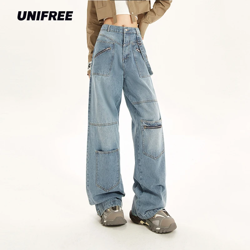 UNIFREE Pocket Panels Women's Jeans Vintage Wash High Waist Women's Cargo Pants High Street y2k Baggy Jeans for Women