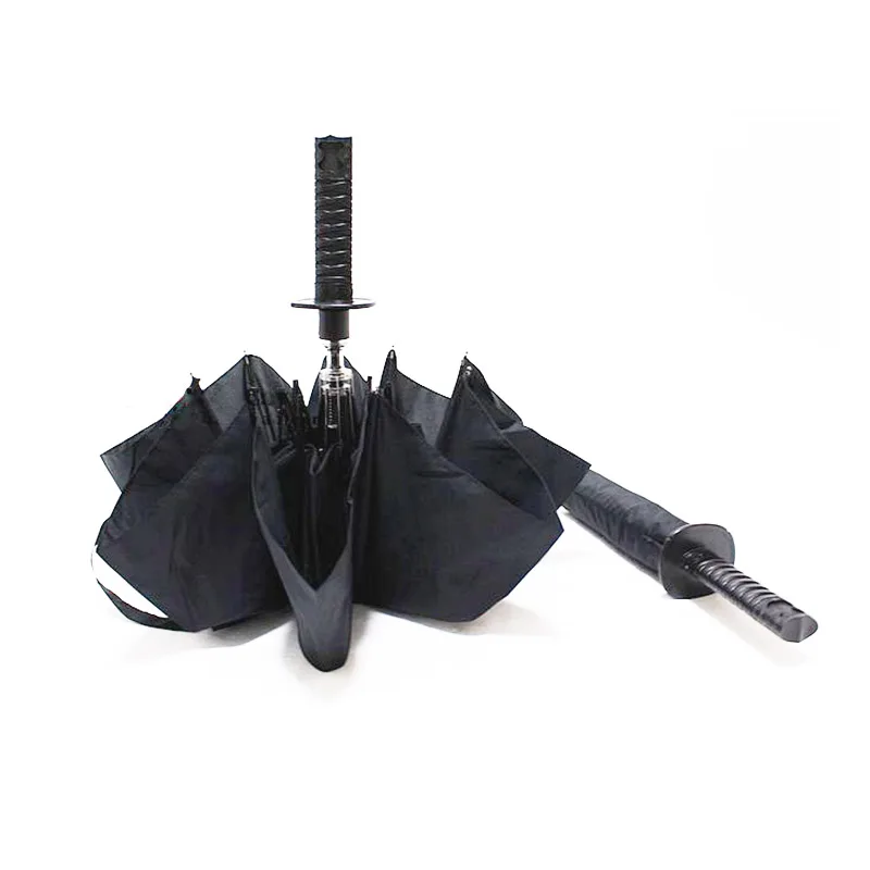 Creative Japanese Samurai Ninja-like Sword Dagger Shape Umbrella Long-handle Black Rain Sun Folding knife Umbrellas |