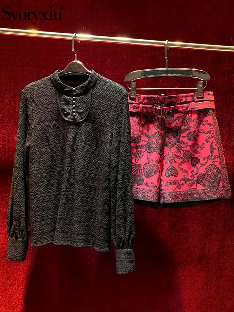 

Svoryxiu Autumn Winter Designer Vintage Luxury Shorts uit Women Lantern Sleeve Button Tops + Elastic Waist Print Sashes Shorts