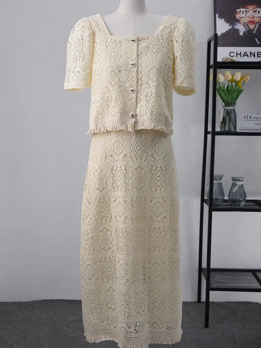 

Women Elegant Chic Vintage French Lace Suit Shirt Top And Midi Long Skirt Two Piece Set Matching Outfit 2023 Summer New Clothing