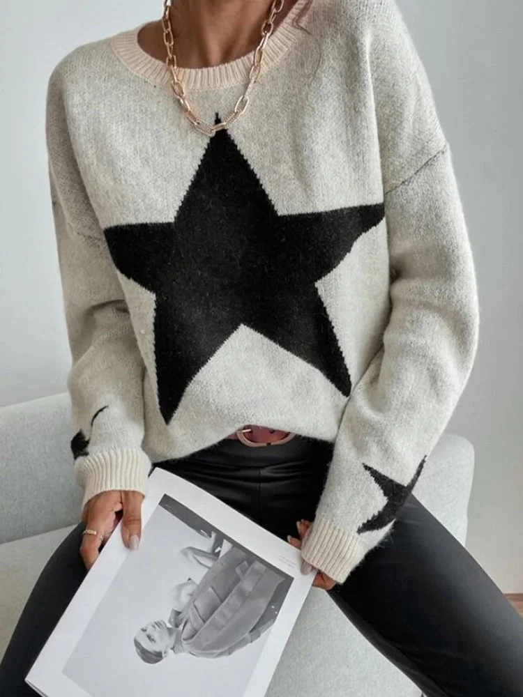

Women Girl Autumn Winter Drop Shoulder Star Pattern Sweater
