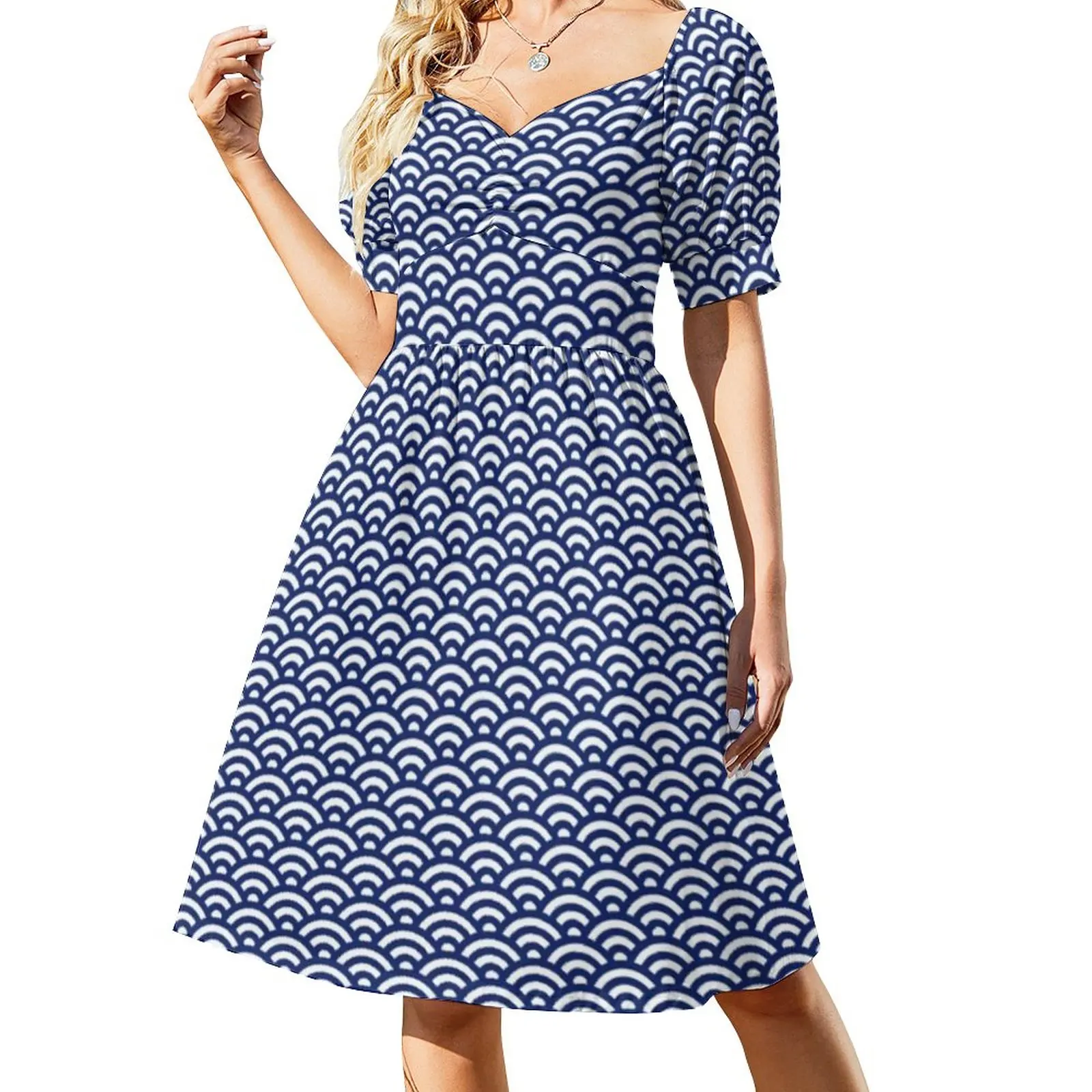 

Vintage Saigaiha Casual Dress Japanese Blue Wave Aesthetic Dresses Vintage Dress Female V Neck Oversize Clothing