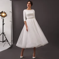 short wedding dress 2022 o neck 34 sleeves a line midi wedding gown white tulle tea length beaded belt simple bridal dresses
