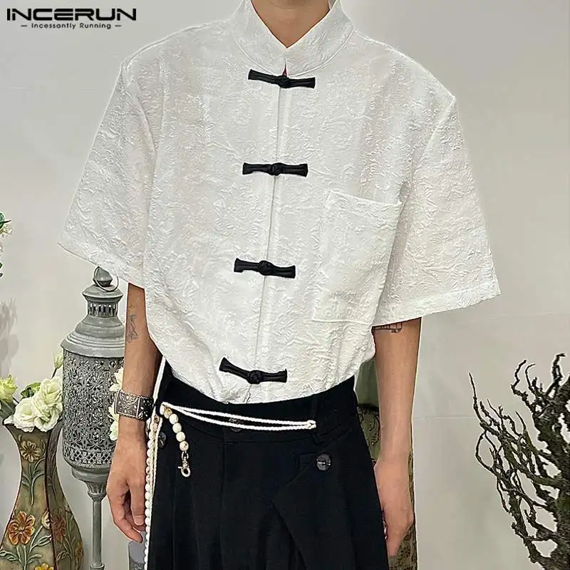 

INCERUN Chinoiserie Tops 2023 Men's Embossed Printing Design Shirts Stylish Hot Sale Male Stand Collar Short Sleeve Blouse S-5XL