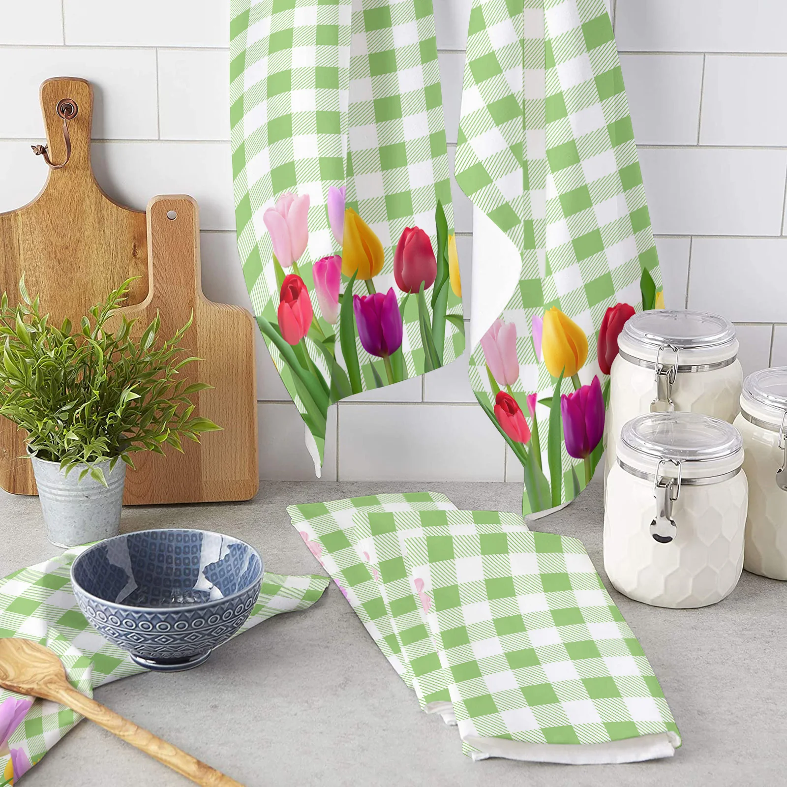 

Tulip Easter Flowers Idyllic Plaid Hand Towels Dishcloth Utensils for Kitchen Microfiber Cleaning Cloths Household Wipe Towel