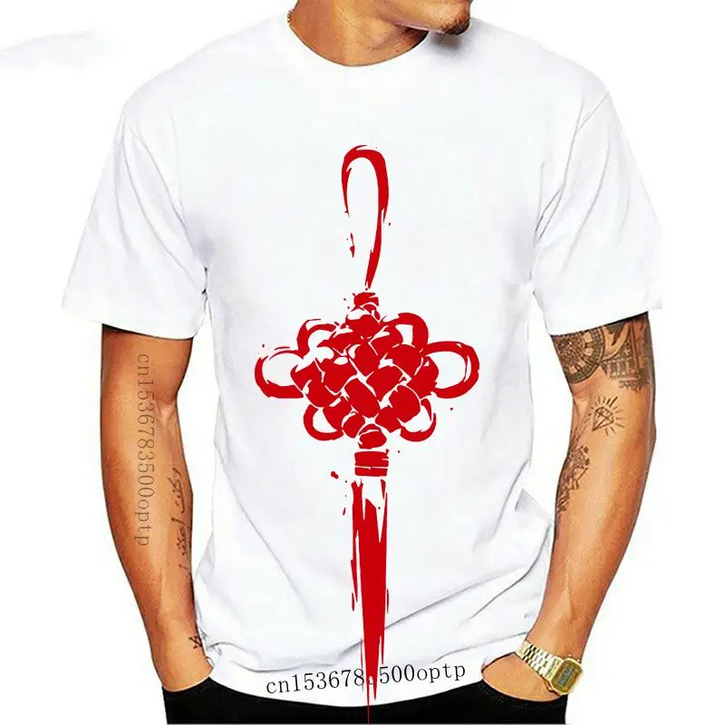 

Camiseta blanca con nudo chino para hombres, camisa informal con pintura de tinta roja, diseño de arte Oriental para adultos, no