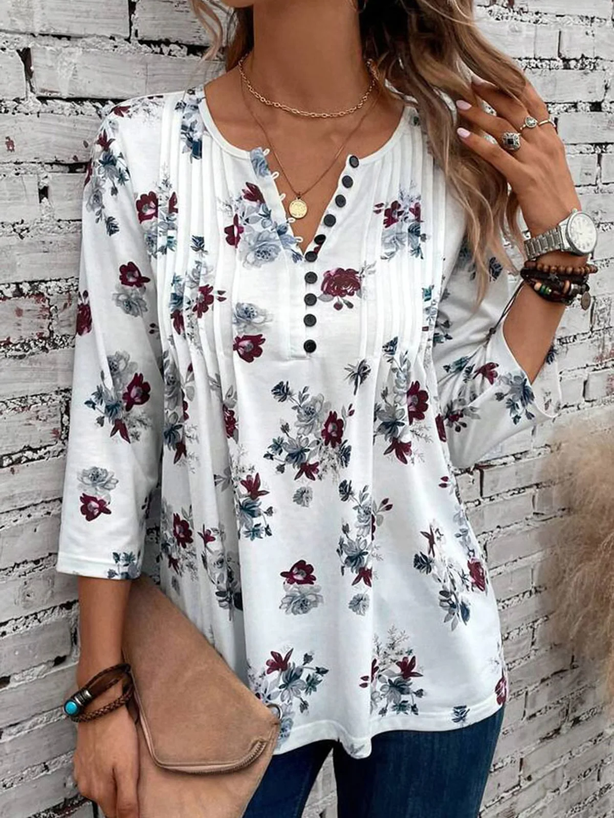 

Floral Button Ruffled Blouse White Women Spring Autumn Style Blouses Shirts Lady Casual Long Sleeve V-Neck Printed Blouses Tops