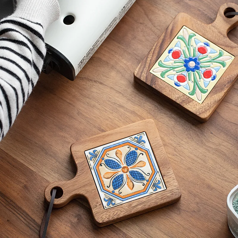 

Acacia Wood Tiles Pot Mat Anti-Scalding Plate Mat Drink Coasters Wooden Trivet Frame for Hot Tea Pots and Pans Pad Holders