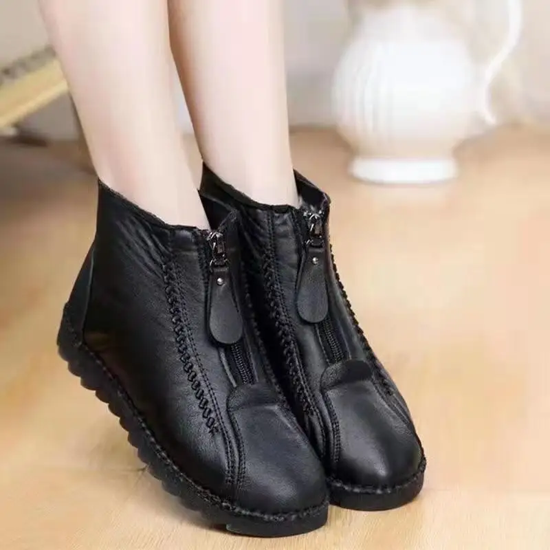 

Douyin Same Paragraph Real Soft Leather Mother Shoes Non-slip Mid-tube Cashmere Snow Boots Front Zipper Warm Shoes Martin Boots