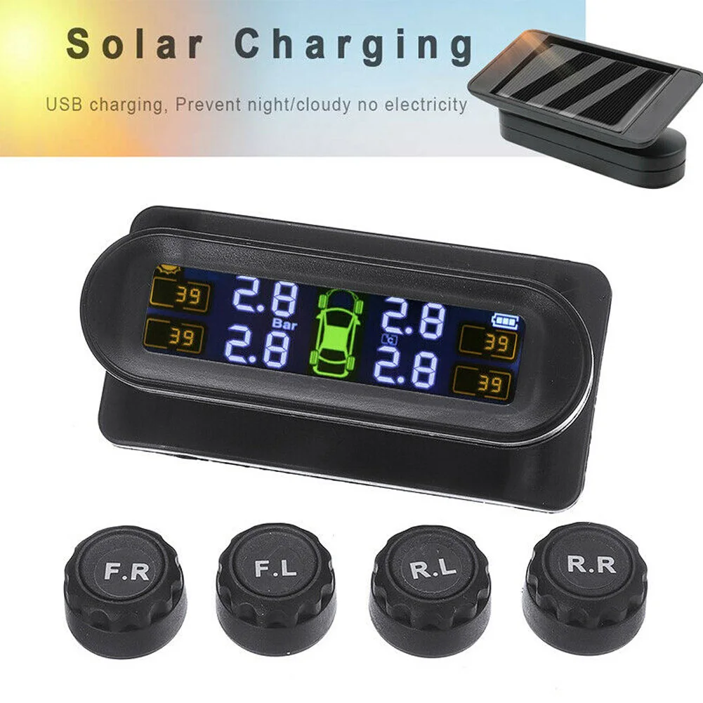 

TPMS Solar Power TPMS Car Tire Pressure Alarm 4 External Sensor Monitor Auto Security System Tyre Pressure Temperature Warning