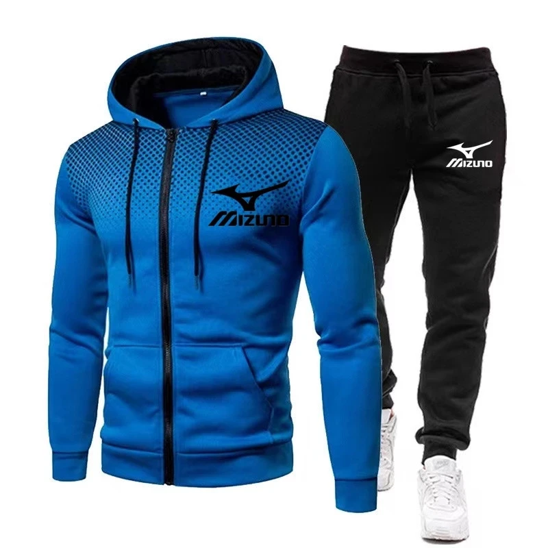 New Mizuno High Quality Printing Men's Sports Fitness Wear Thin Section Breathable Hoodie + Sports Pants Breathable