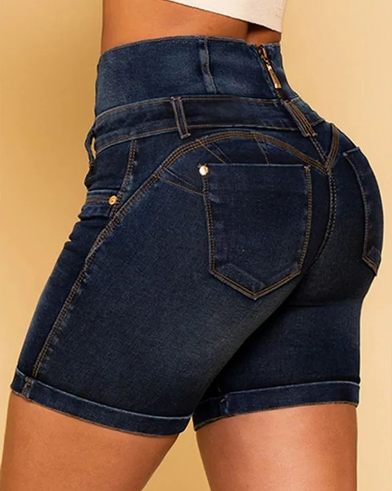 

Hip Lift Zipper Stitching Tight High Waist Pocket Design Denim Shorts Women Slim Spliced Fashion Bodycon