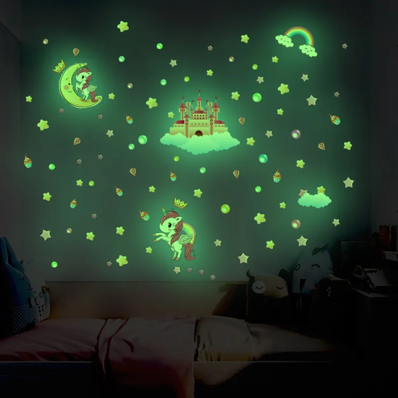 

Unicorn Moon Star Cartoon Wallpaper Pink Princess Girl Romantic Bedroom Living Room Luminous Paste Room Decorative Wall Stickers