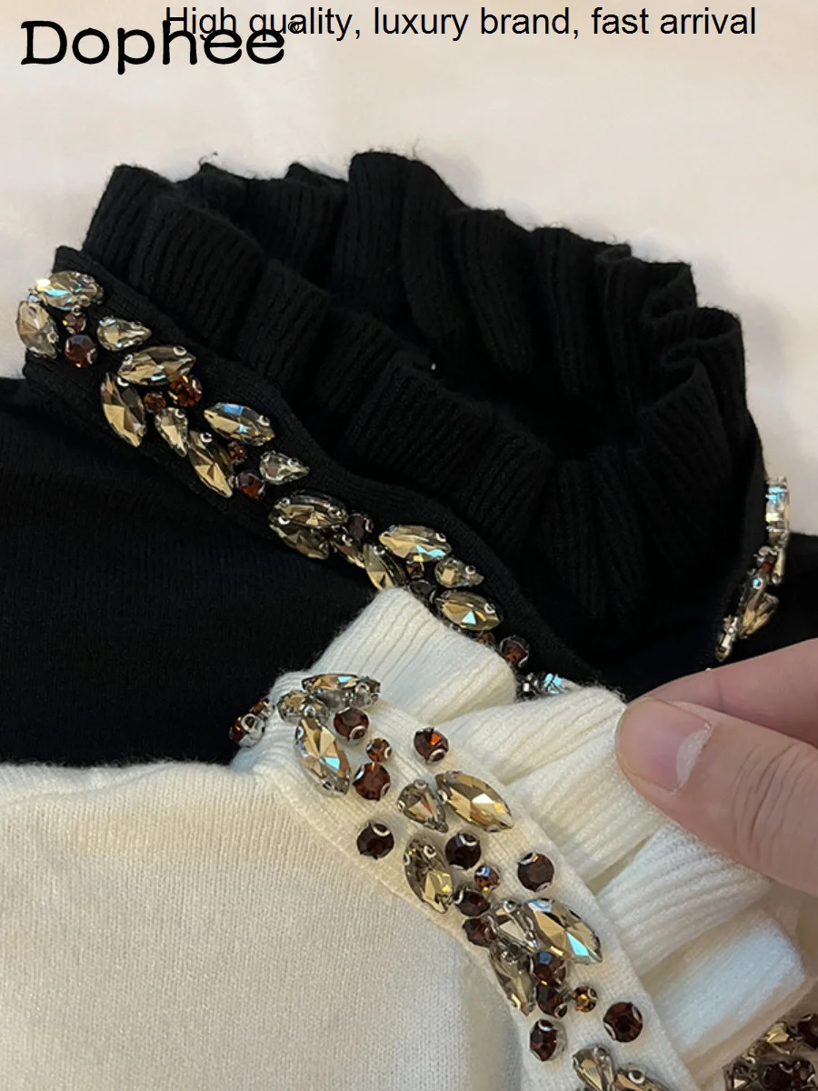 

Stand Collar French Ruffled Exquisite Rhinestone Knitwear Jumper Women Fall Winter High-Grade Slim Bottoming Shirt Black Sweater