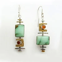 vintage square green stone earrings for women unique metal two tone inlaid orange stones party dangle earrings jewelry
