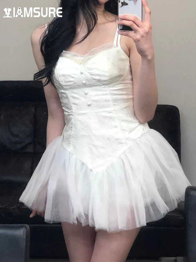 

IAMSURE Balletcore Lace Patchwork Mesh A-Line Dress Sexy Slim V-Neck Sleeveless Mini Dresses For Women 2023 Summer Fashion Lady