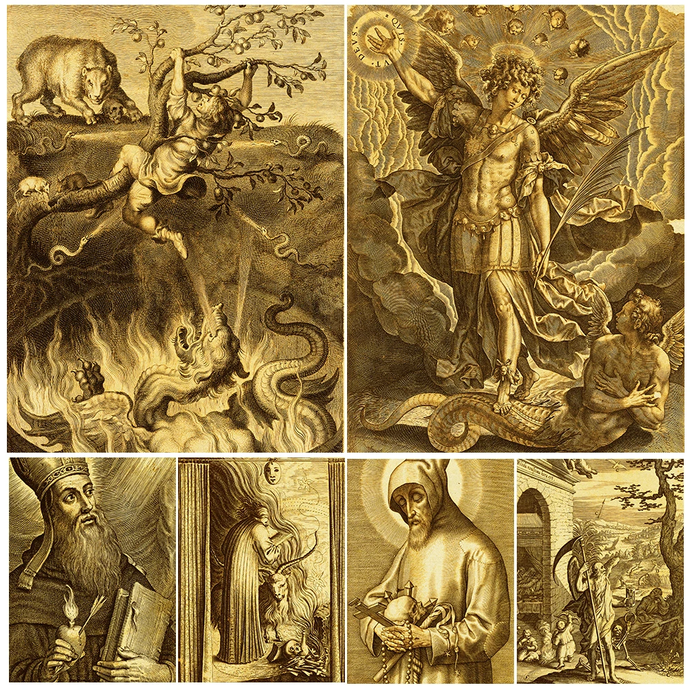 

The Fall Of The Rebellious Angels Vintage Wall Art Dragons And Mythical Creatures,Knight,Death And Devil Art Poster Print Decor