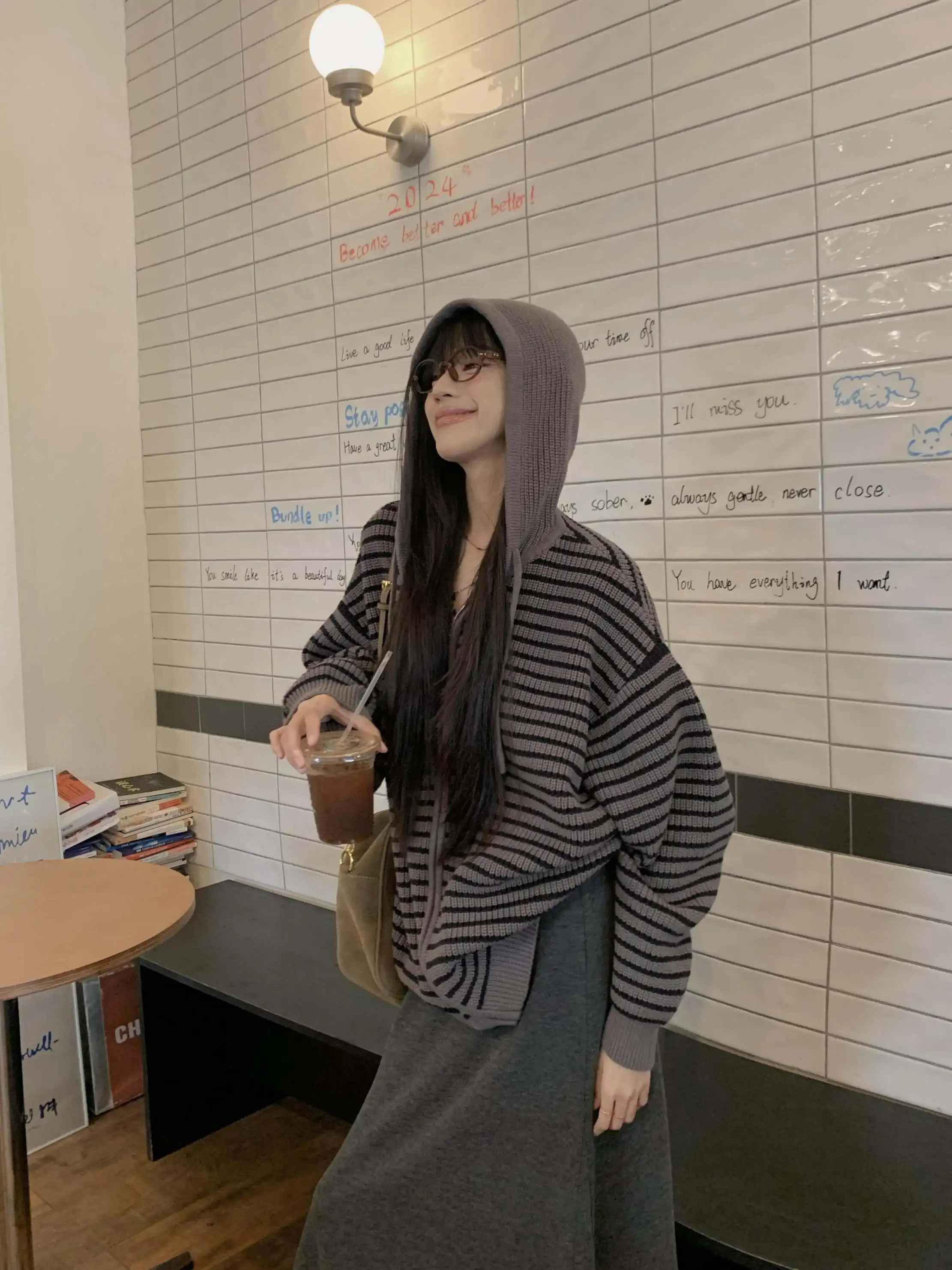 Korean Series Idle Sle Hood Long sleeve Striped sweater Outerwear 2024 Winter New Loose Casual All-matching Top Women