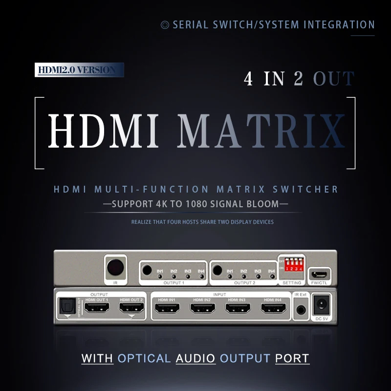 

hdmi matrix switch 4X2 4K 60hz 4 In 2 Out SPDIF 5.1 port HDR10 Switch Splitter IR extension USB to RS232 serial port control