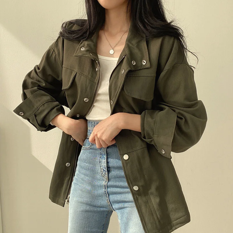 

Turn-down Collar Pockets Splicing Covered Button Zipper Jacket 2023 Spring New Trend Long Sleeve Outerwear Chic Coat M294