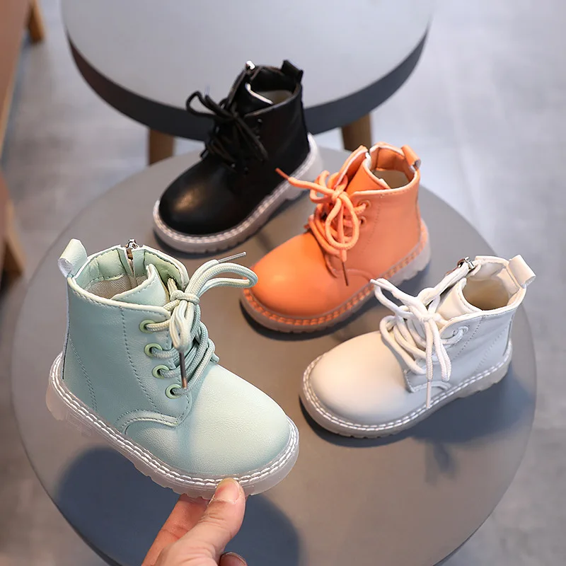 

Girls' Solid Soft Sole Anti Slip Fashion Zipper Warm Single Boot Children's Front Lace Up Leather Surface Anti Slip Short Boots