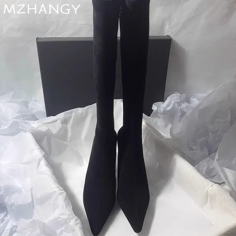 Женские высокие сапоги на высоком каблуке замшевые элегантные до колена с острым