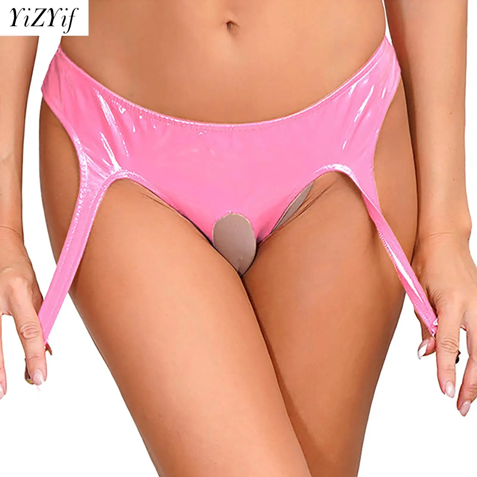 

Sexy Crotchless Underwear with Garter Clips Women Wet Look Patent Leather Open Butt Briefs Panties Lingerie Open Crotch Thongs
