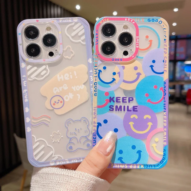 

Cute Funny Smiley Face Transparent Phone Case for iPhone 13 mini 11 12 pro XS MAX 8 7 Plus X SE 2020 XR Little Bear Soft Cover