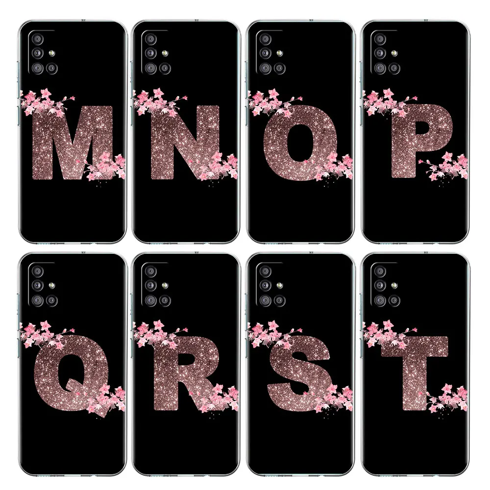 

Flower Letter Pink M N Fashion Initial Clear Case For Samsung Galaxy A52 A12 A32 A51 A53 A13 A21s A71 A72 A22 A31 Phone Cover