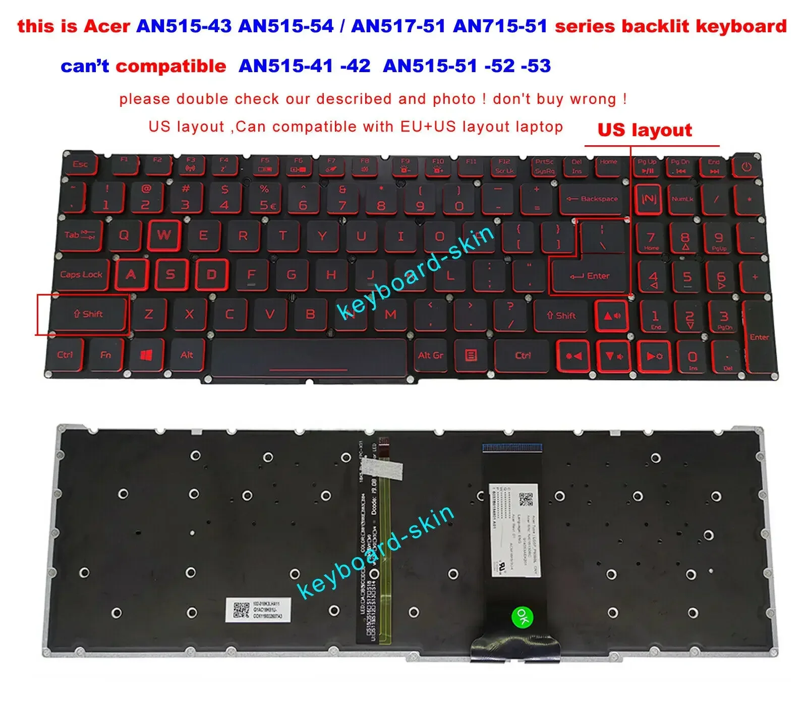 Клавиатура с подсветкой США для ноутбука Acer Nitro AN515-54 AN515-43 AN517-51 AN715-51 N20C2 N18C3 N18C4
