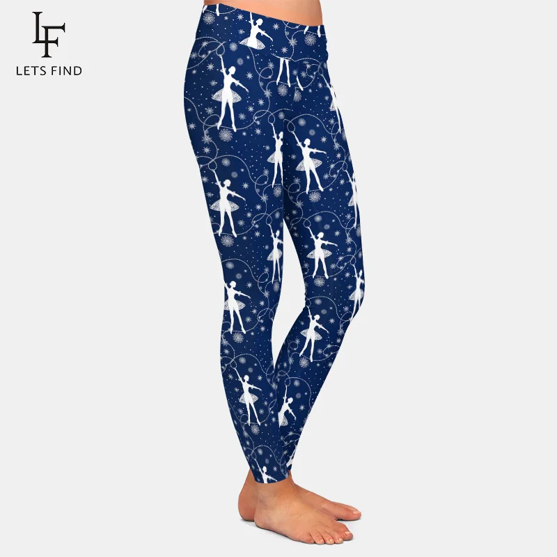 LETSFIND Fashion 3D Digital Printing Tender Ballerina and Snowflakes Leggings High Waist  Elastic Trousers for Women