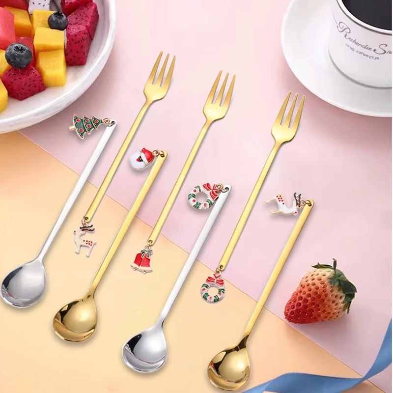 

Christmas Mini Light Luxury Metal Coffee Snacks Fruit Forks Teaspoons Dessert Forks Kitchen Tools Spoon Forks