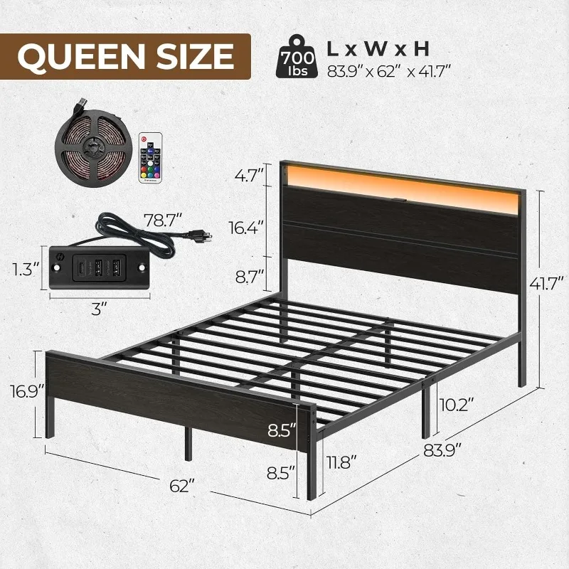 

Рамка кровати с зарядной станцией, двуспальная кровать со светодиодной подсветкой, металлическая платформа