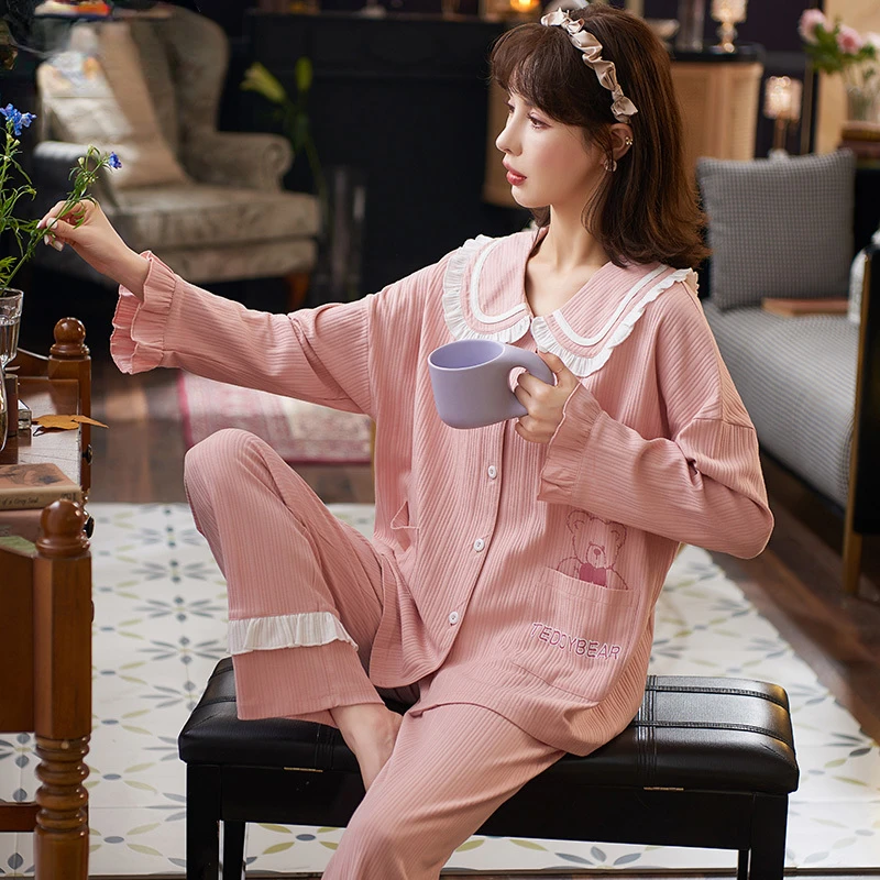 New Princess Style Kawaii Rabbit Printing Soft Cotton Sleepwear Spring Autumn Loose Size Turn-down Collar Pajamas for Girls