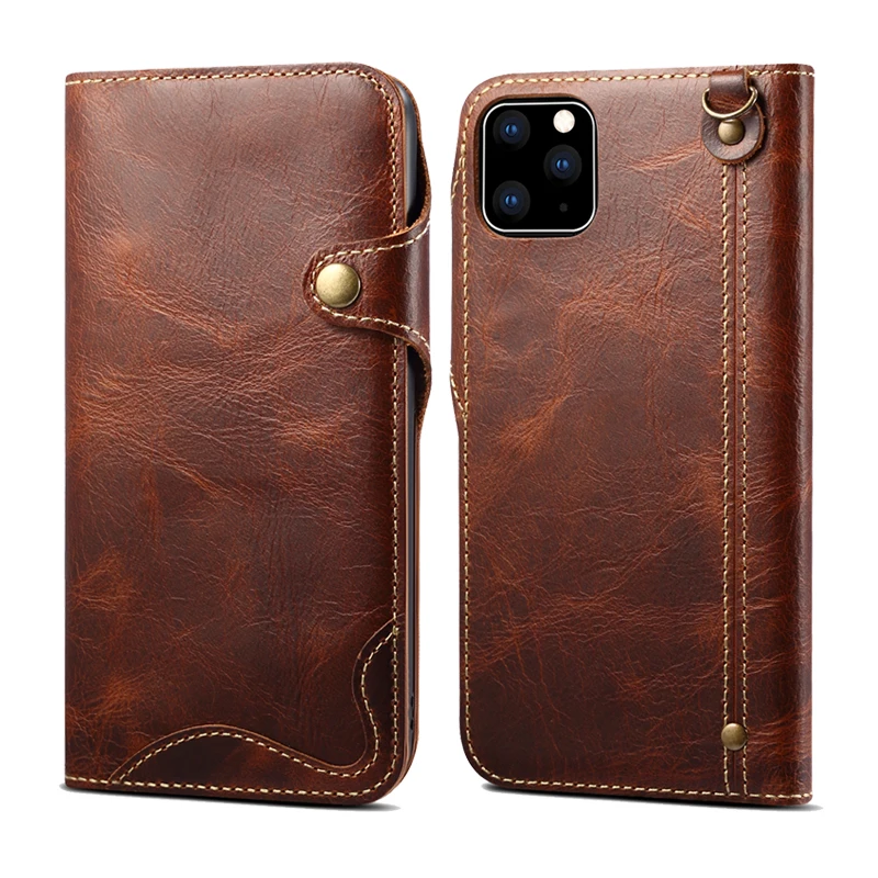 

Durable Repairable Genuine Leather Wallet Case For Apple Iphone 14 13 12 11 Pro Max Mini Vintage Magnet Button Flip Case Cover