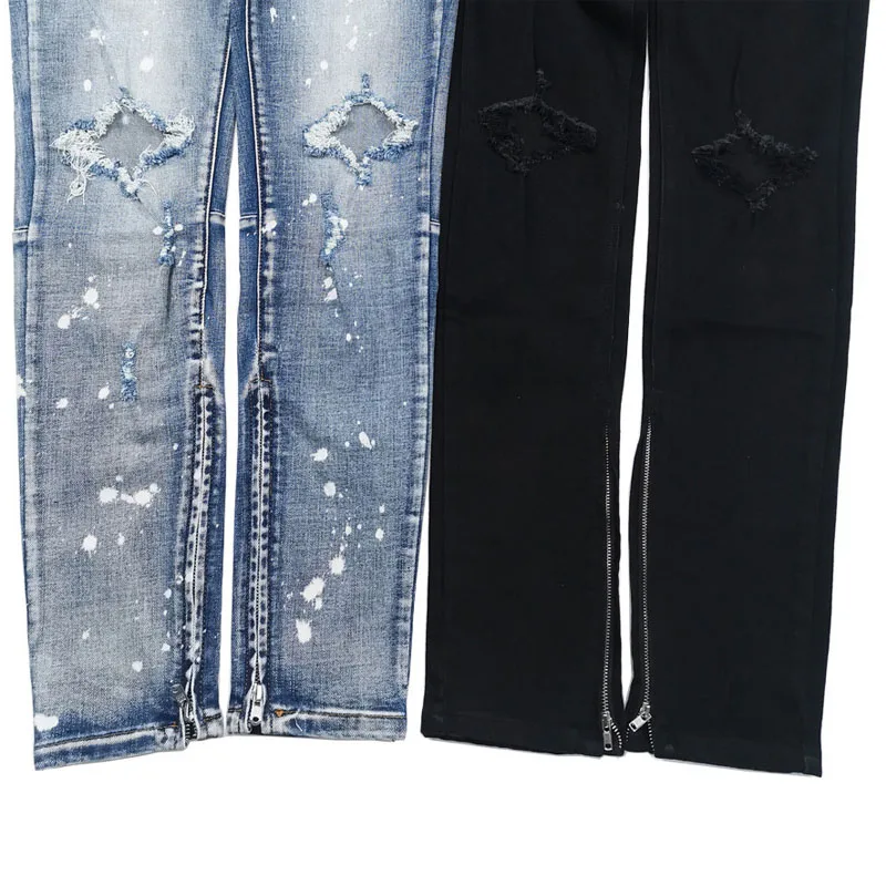 2022ss Ripped Jeans Men's High Street Fashion Multi-button Placket Y2k Men's Jeans Black Jeans Men Clothing