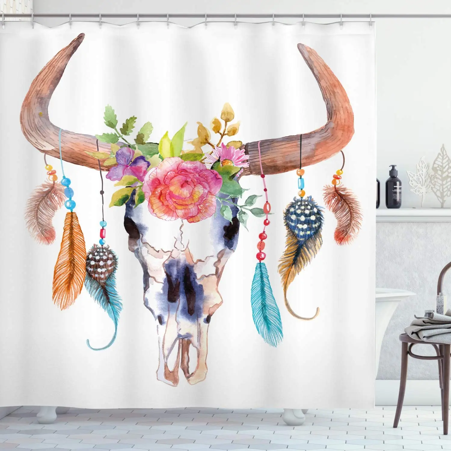 

Feather Shower Curtain, Watercolor Style Bull Skull with Ornaments Vibrant Image, Cloth Fabric Bathroom Decor Set with