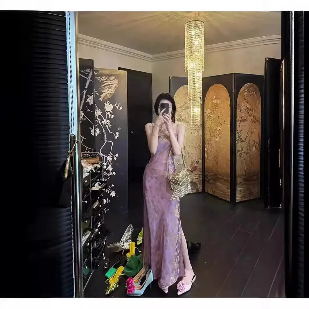 Женское длинное платье в наличии фиолетовое дымчатое китайском стиле с