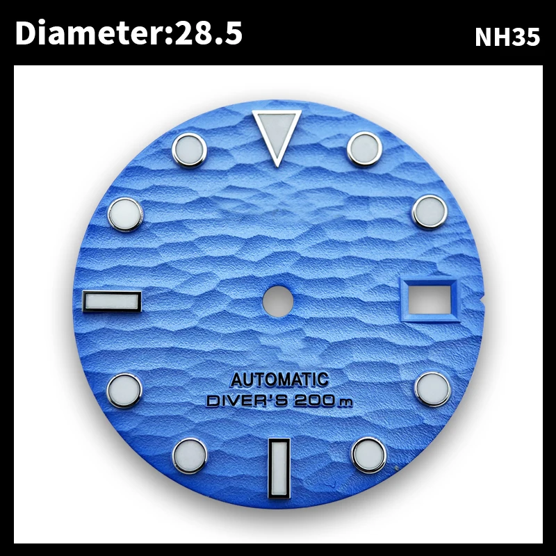 28.5mm Blue Luminous wave Dial Watches Accessories for NH35 Automatic Movement With S Logo Customizable Logo