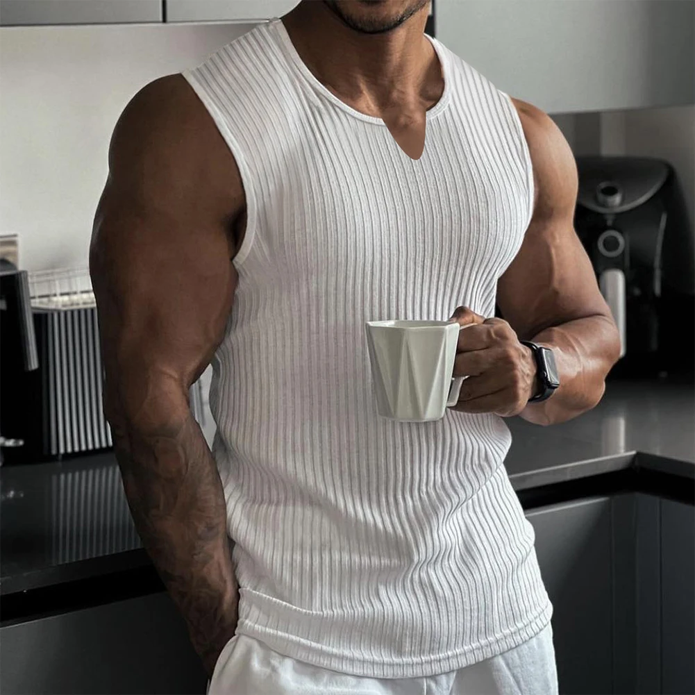 

Mens Summer Sleeveless Knitted Vertical Striped Muscle Tank Tops Gym Bodybuilding Stretchy Workout T-Shirt Solid V Neck Vest