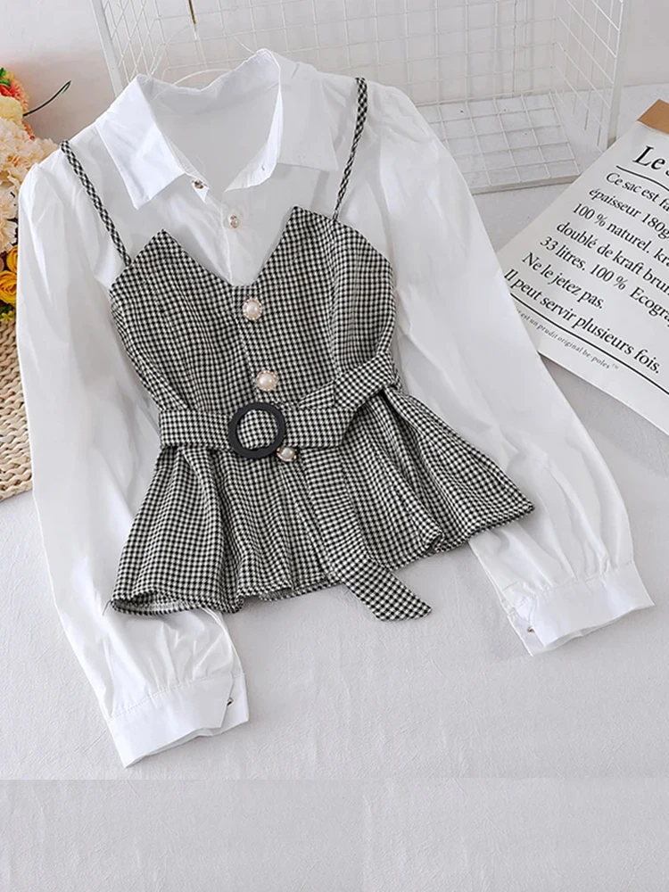 Женская рубашка в Корейском стиле на бретелях весна-осень однотонная блузка с