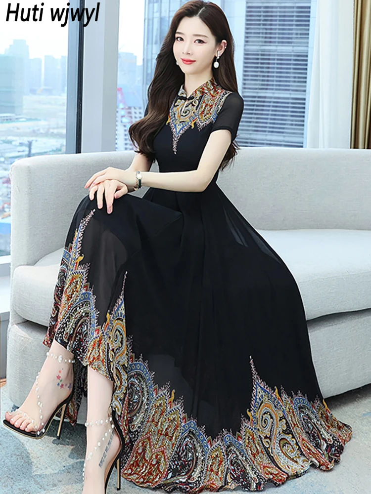 

High Quality Chinese Style Cheongsam Women Midi Dress 2022 Summer Elegant Bodycon Black Casaul Party Chic Prom Night Maxi Dress