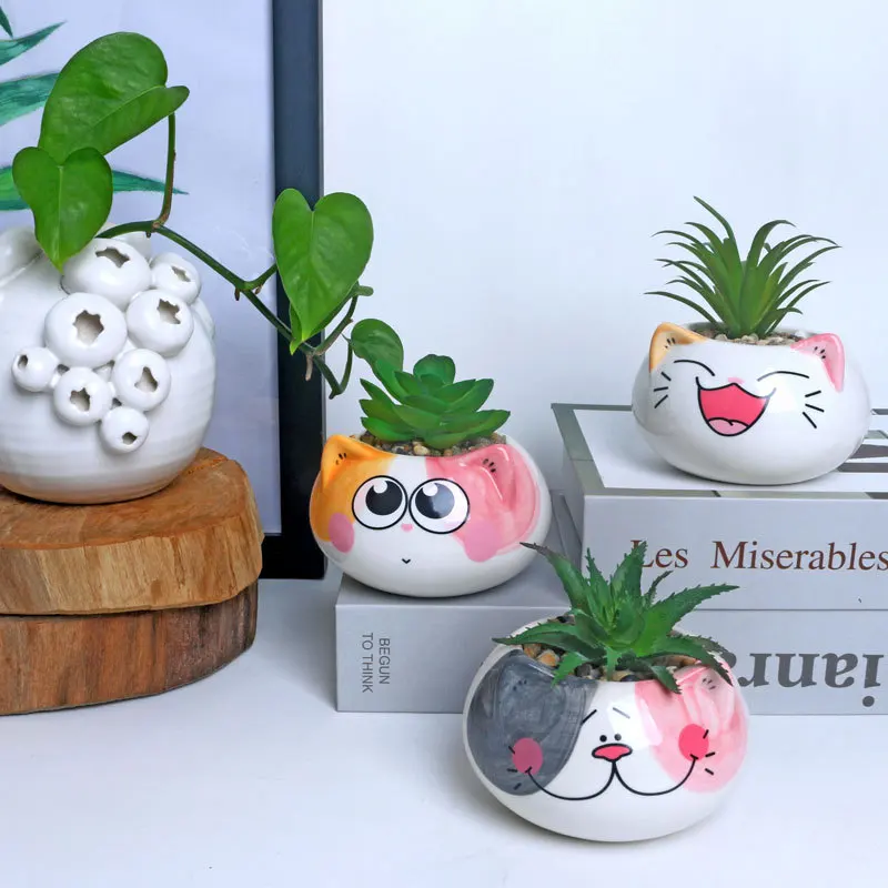Cute Flower Pot for Curing Cats Round Face Ceramic Flowerpot Lovely Little Cat Home Garden Decor Bonsai Pots Birthday Gift
