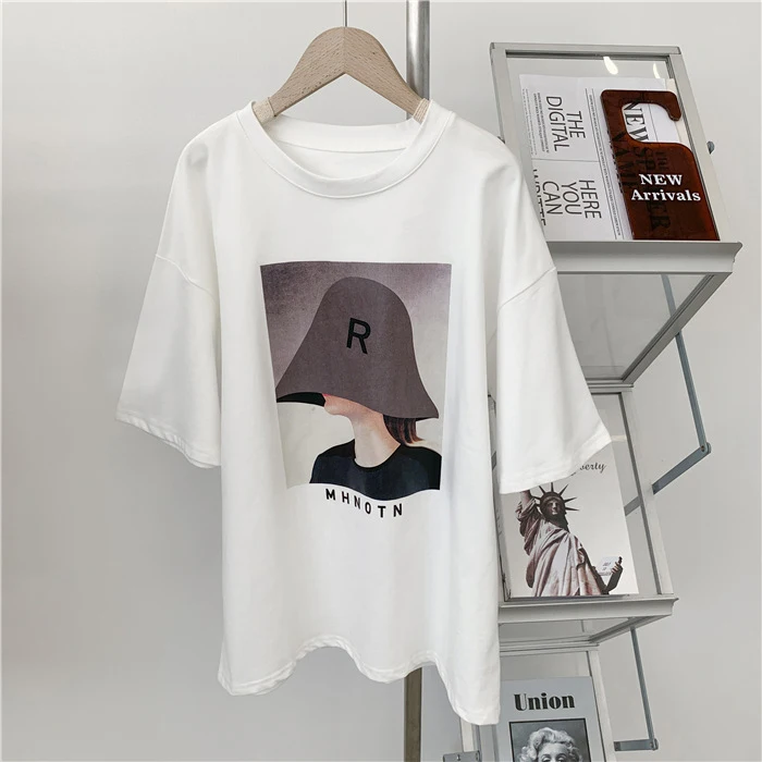 

2022 Women Summer O-Neck Short Sleeve Loose Style White T Shirts Cartoon Print Cotton Women Casual Tees