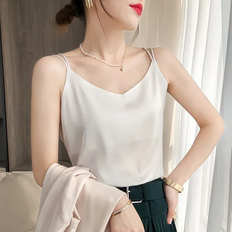 

Satin V-neck Women Crop Top Backless Summer Sleeveless Fashion Straps Solid Color Camis Crop Tops Party Female Clothing Tank Top