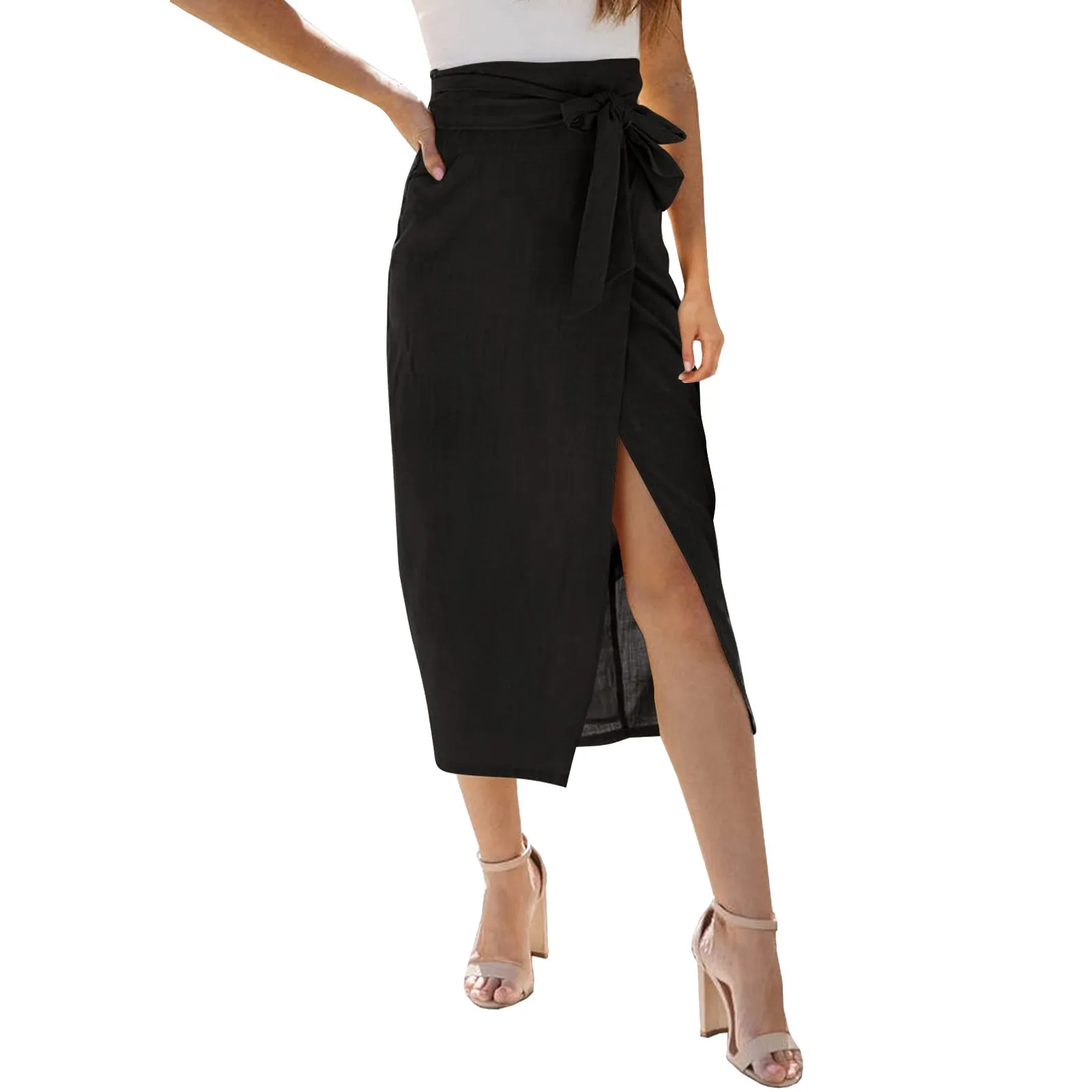 

Винтажная Юбка-миди с завышенной талией, в стиле Харадзюку, с Боковым Разрезом, Женская шикарная простая повседневная Летняя юбка с Боковым ...