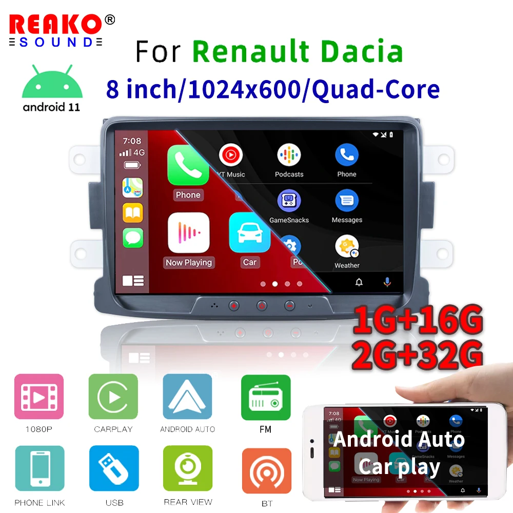 

REAKOSOUND Android 11 Car Radio Autoradio 8'' HD Touch Screen Auto Radio Car Stereo Video GPS MP5 Mirror Link FM For Renault