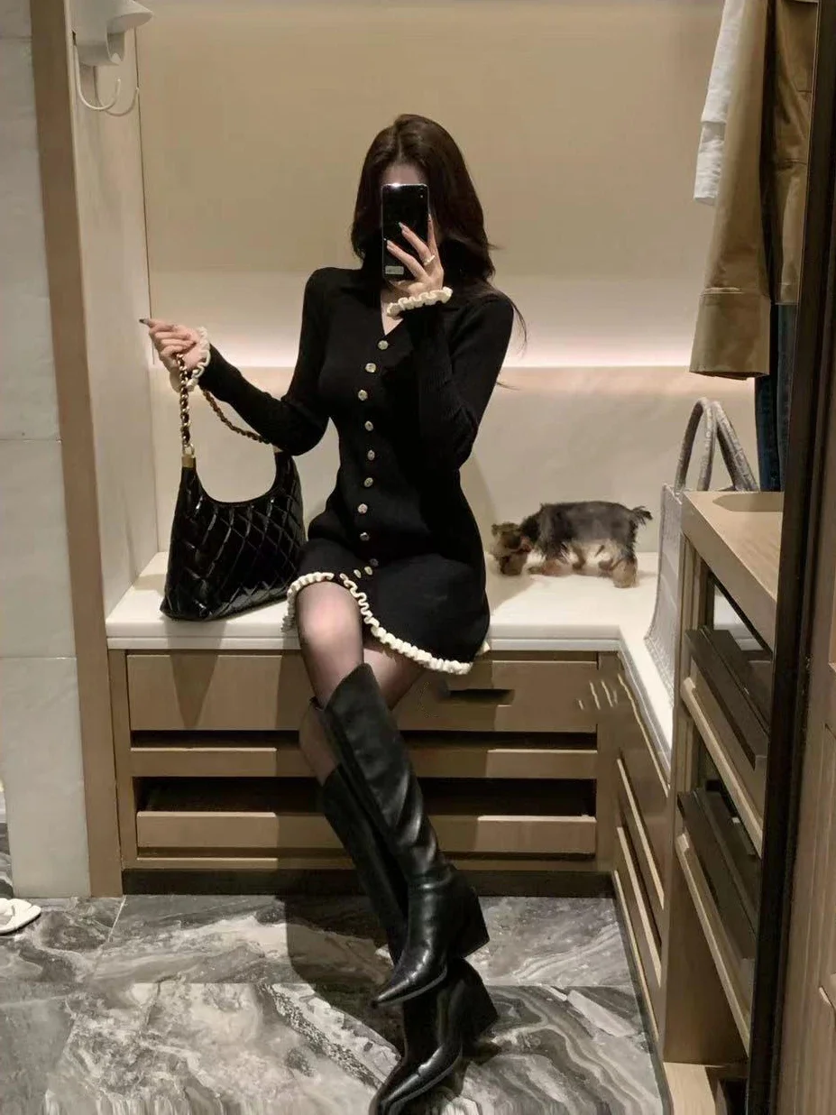 Новое элегантное облегающее трикотажное платье для женщин осень-зима 2024 тонкое