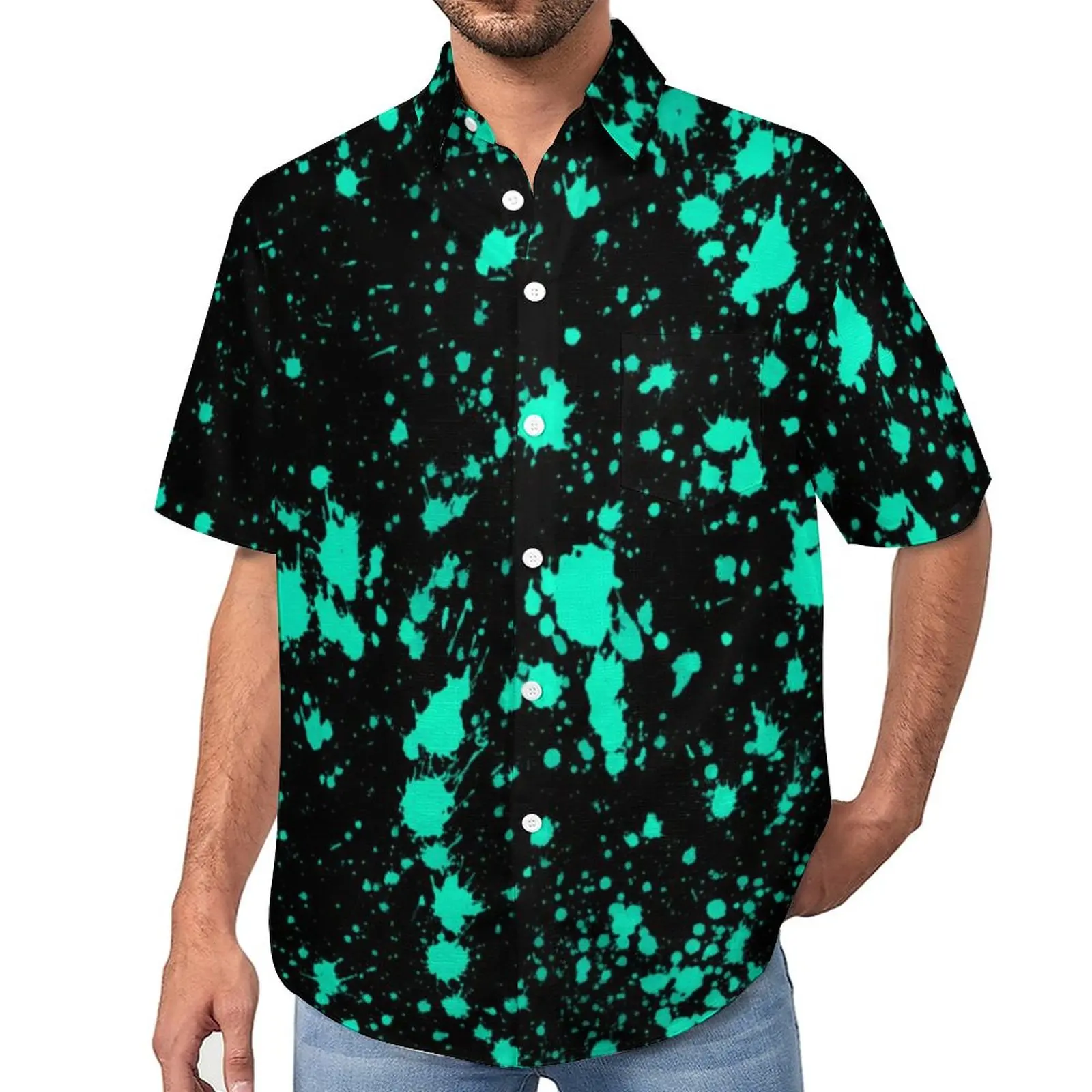 

Artistic Splash Vacation Shirt Black Mint Paint Hawaiian Casual Shirts Man Vintage Blouses Short-Sleeve Design Clothes Plus Size