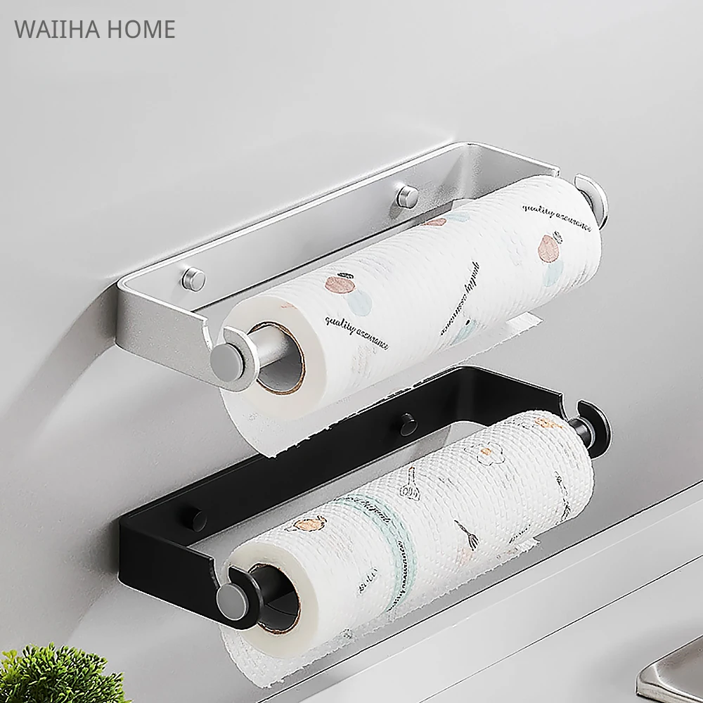 

Punch-Free Roll Paper Holder Aluminum Cling Film Towel Rack Kitchen Accessories Tissue Hanger Wall Organizer Storage Shelf